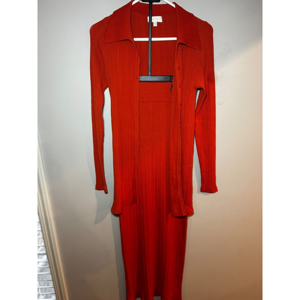 Ronny Kobo Orange Red Ribbed Knit Cardigan and Midi Skirt Set Small